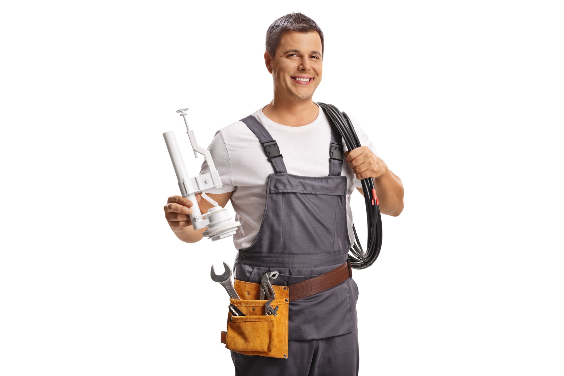 Plumber holding a toilet tank part and a drain hose